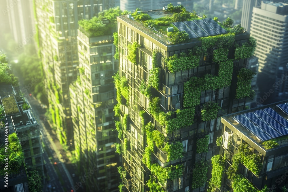 Picture of Sustainable cityscape, featuring buildings with green walls and solar ...