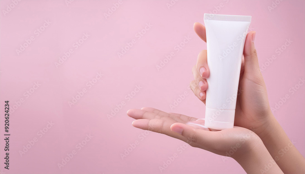 Hand holding cosmetic tube on pink background Hand holding cosmetic tube on pink background