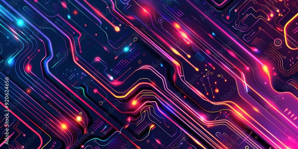 A mesmerizing circuit board design infused with vibrant neon colors and dynamic glowing elements that catch the eye A mesmerizing circuit board design infused with vibrant neon colors and dynamic glowing elements that catch the eye