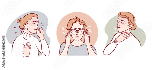 Cold symptoms. Cough, sore throat, headache, fever. Expressive depiction that convey themes of stress and discomfort through artful design. Hand drawn, sketch style. Health problems. Medical brochure