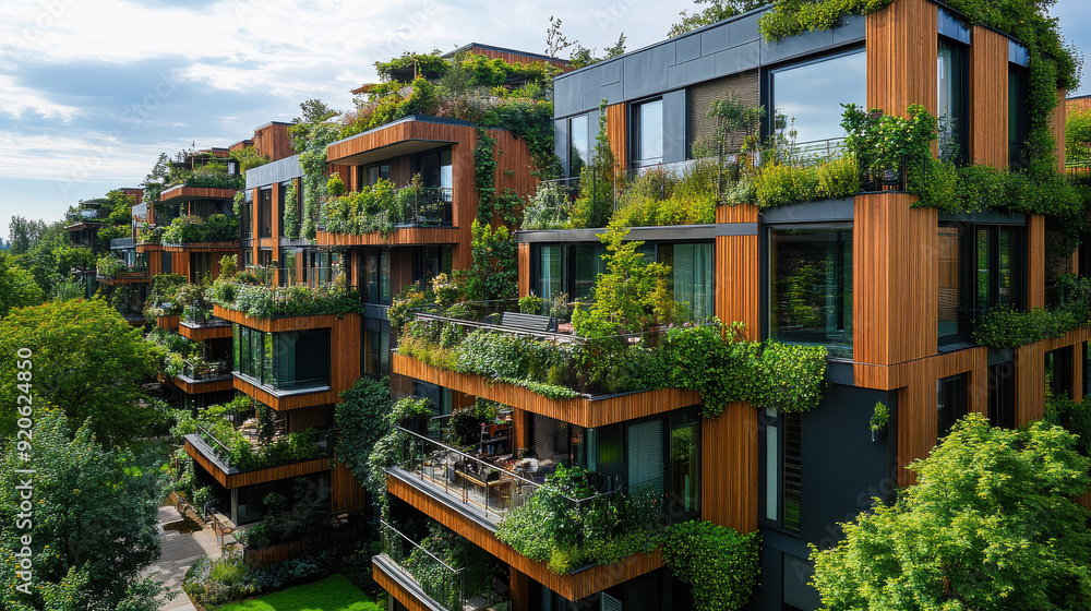 Modern eco-friendly apartment building with vertical gardens, green balconies, and sustainable architecture surrounded by lush greenery. Modern eco-friendly apartment building with vertical gardens, green balconies, and sustainable architecture surrounded by lush greenery.