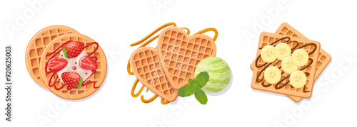 Indulge in an array of delightful waffles generously topped with fresh strawberries, bananas, creamy ice cream and delicious toppings. Vector food illustration for cafe, menu, sticker, poster, design