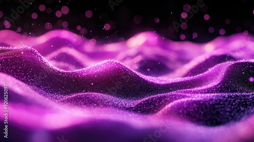 Digital purple particles wave and light abstract background photo