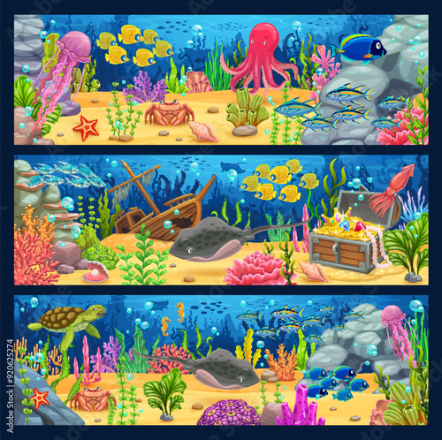 Underwater landscape banners with cartoon sea animals, seaweed, sunken ship and treasure chest. Vector horizontal cards depict ocean bottom with coral reef, turtle, fish shoal, tropical seaweed plants