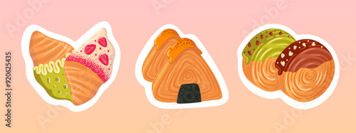 Set Viral trendy flat croissants. Croissant roll set, roundsan. Cromboloni, Coin, round croissant, Kronigiri, bomboloni, filling with chocolate, pistachio and strawberry. For bakery shops, cafes