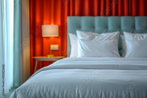 Modern Hotel Room Interior with Cozy Bed, Stylish Lamp, and Vibrant Curtains - Ideal for Travel and Hospitality Design