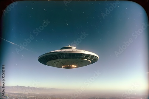 UFO flying in the sky, old photo.