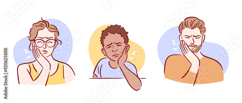 Set of people with toothache. Emotional manifestations of discomfort and pain in different age and ethnic groups. Hand drawn illustration in sketch style. Health problems. Medical brochure template.