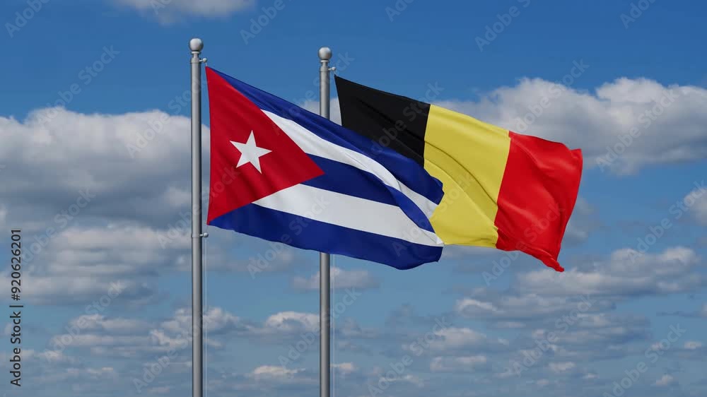 Belgium and Cuba flags flying together, video concept of the relationship, two country relations concept Belgium and Cuba flags flying together, video concept of the relationship, two country relations concept