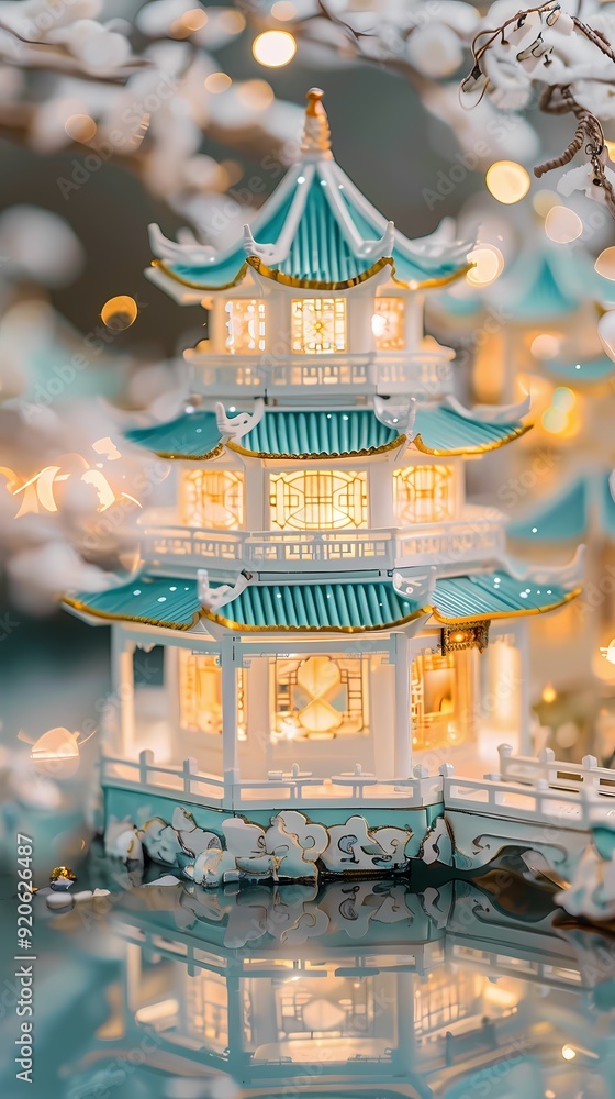 Fototapeta premium pagoda with lights on the lake illustration poster background decorative painting
