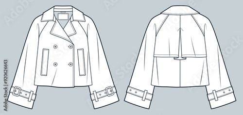 Cropped Trench Coat technical fashion Illustration. Button up Trench Coat fashion technical drawing template, double-breasted, pockets, oversize, front, back view, white, women, men, unisex CAD mockup