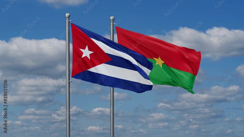 Burkina Faso and Cuba flags flying together, video concept of the relationship, two country relations concept Burkina Faso and Cuba flags flying together, video concept of the relationship, two country relations concept