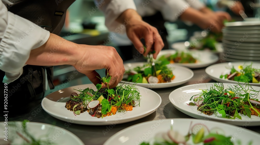 A chef is plating a meal in a restaurant kitchen.