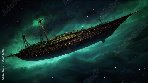 A dread-inducing cosmic caravel drifts through the endless void, its silhouette cutting through the infinite darkness like a specter of doom. This image is a breathtaking digital painting.  photo