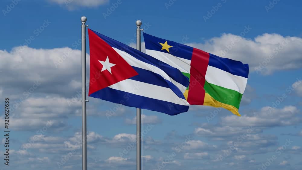 Central African Republic and Cuba flags flying together, video concept of the relationship, two country relations concept Central African Republic and Cuba flags flying together, video concept of the relationship, two country relations concept