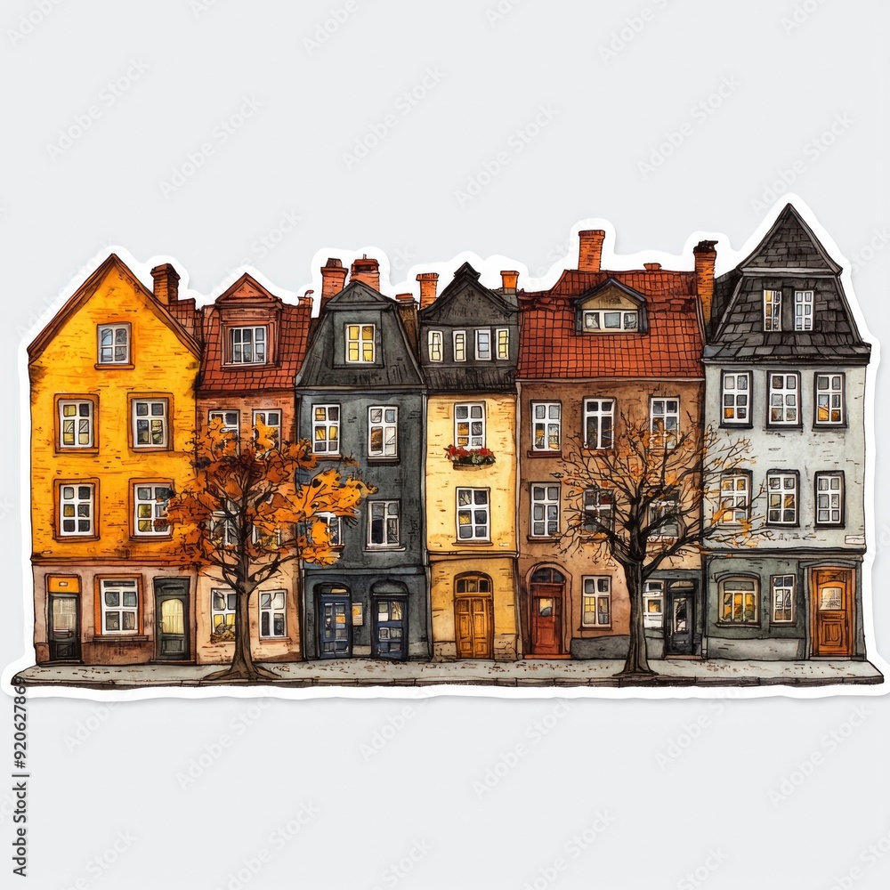 Fototapeta premium Watercolor Illustration of a Row of Colorful European Houses with Trees in Autumn