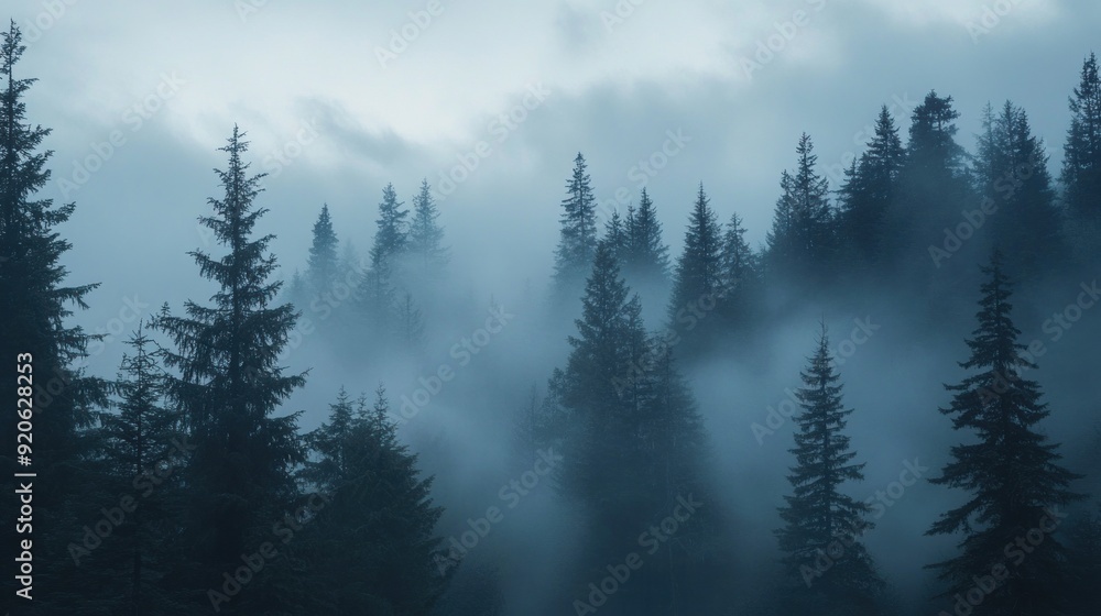 Tall Evergreen Trees in a Thick Foggy Forest Tall Evergreen Trees in a Thick Foggy Forest