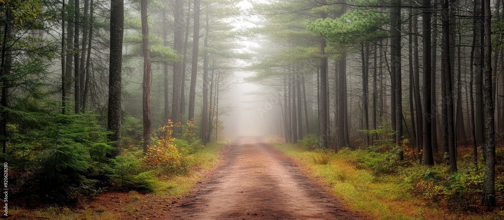 Obraz premium A Misty Forest Path Leading Through Tall Trees