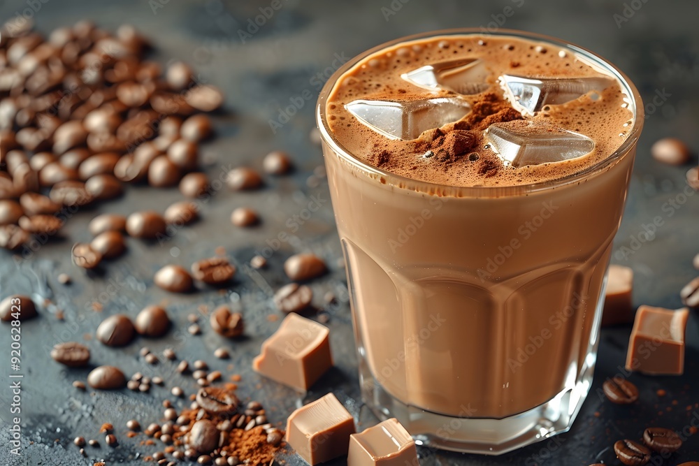 Iced Mocha Coffee with Ice Cubes and Chocolate on Rustic Surface - Beverage and Dessert Concept Iced Mocha Coffee with Ice Cubes and Chocolate on Rustic Surface - Beverage and Dessert Concept