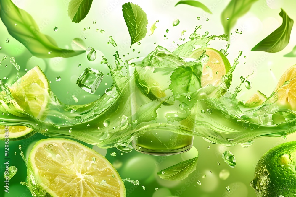 Lime fruit slice, leaves and green juice splash. Vector background with ...
