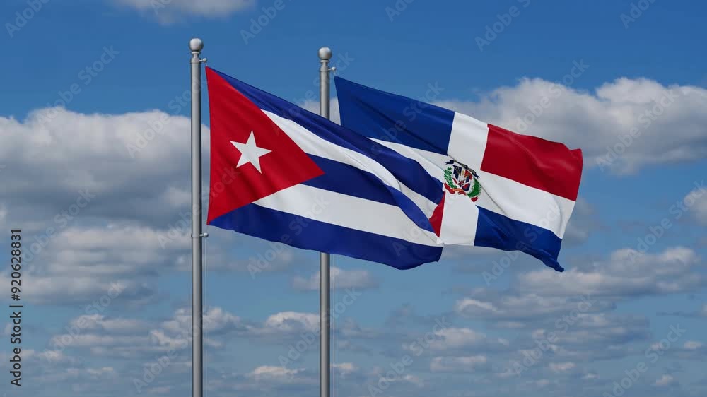 Dominican Republic and Cuba flags flying together, video concept of the relationship, two country relations concept Dominican Republic and Cuba flags flying together, video concept of the relationship, two country relations concept