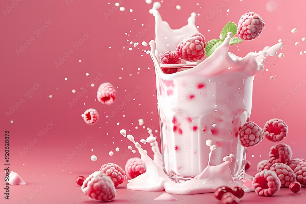 Milk liquid splashing with raspberry smoothie of Tropical fruit on solid color background. Vector in 3D illustrations
Milk liquid splashing with raspberry smoothie of Tropical fruit on solid color background. Vector in 3D illustrations