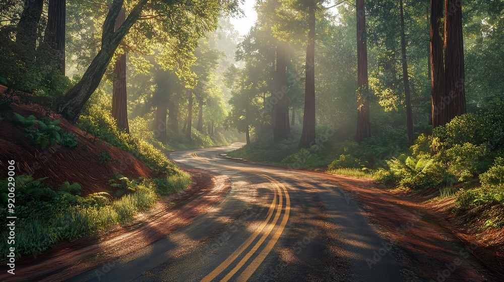 Fototapeta premium Photograph of Foggy Straight Redwood Highway in Northern California, USA.