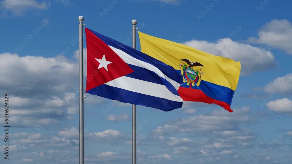 Ecuador and Cuba flags flying together, video concept of the relationship, two country relations concept Ecuador and Cuba flags flying together, video concept of the relationship, two country relations concept