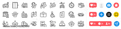 Fuel price, Travel compass and Electric bike line icons pack. Social media icons. Paper plane, Delivery man, Filling station web icon. Pin, Send box, Parking pictogram. Vector