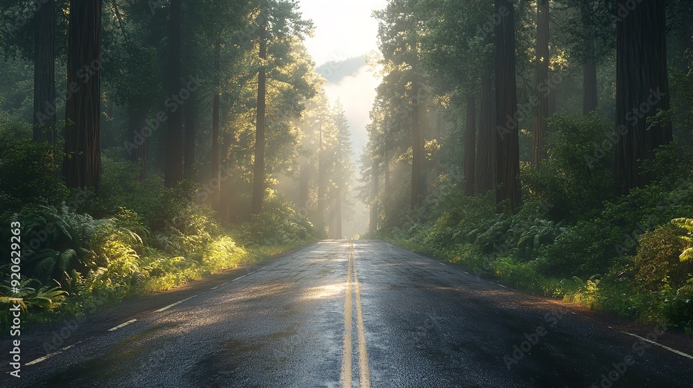 Obraz premium Photograph of Foggy Straight Redwood Highway in Northern California, USA.