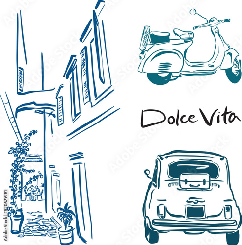 Vector linear doodle illustrations with cozy street, car and scooter. Hand painted Dolce Vita card isolated on white background. For design, print, interior or background.