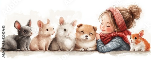 Wallpaper Mural Adorable illustration of a child with cute animals, including bunnies, a puppy, and a guinea pig, showcasing a heartwarming scene of friendship. Torontodigital.ca