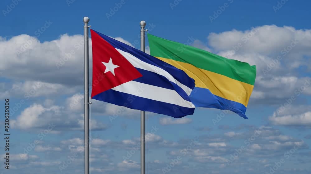 Gabon and Cuba flags flying together, video concept of the relationship, two country relations concept Gabon and Cuba flags flying together, video concept of the relationship, two country relations concept