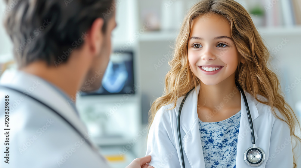 A girl in a doctor's office dressed in a doctor's coat, pretending to be a doctor. The concept of children's health and protection. A girl in a doctor's office dressed in a doctor's coat, pretending to be a doctor. The concept of children's health and protection.