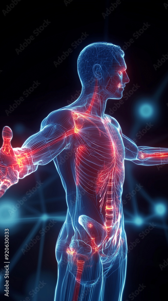 illustration of full human body x-ray highlighting in red pain spots illustration of full human body x-ray highlighting in red pain spots