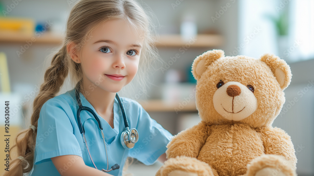 Funny girl playing doctor with teddy bear. Child health and protection concept.