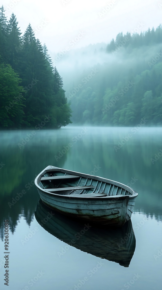 Obraz premium empty boat on a placid lake, with the misty forest