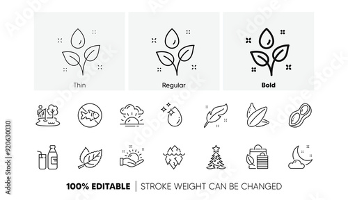 Sunny weather, Stop fishing and Feather line icons. Pack of Plants watering, Night weather, Peanut icon. Leaf, Iceberg, Christmas tree pictogram. Sunflower seed, Sunset, Bio shopping. Vector
