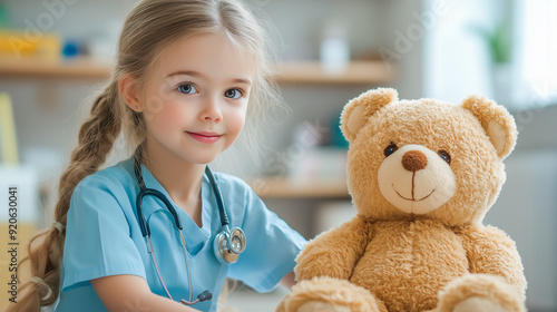 Obraz na płótnie Funny girl playing doctor with teddy bear. Child health and protection concept. w salonie