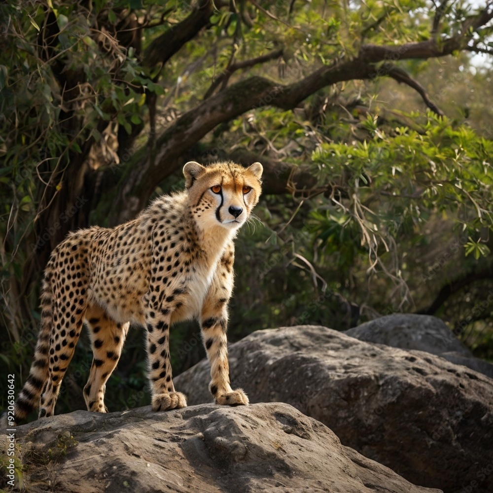 Cheetah on a rock in a deep forest Stock Photos & High-Res Pictures generated Ai Cheetah on a rock in a deep forest Stock Photos & High-Res Pictures generated Ai