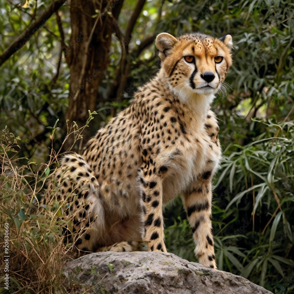 Cheetah on a rock in a deep forest Stock Photos & High-Res Pictures generated Ai Cheetah on a rock in a deep forest Stock Photos & High-Res Pictures generated Ai