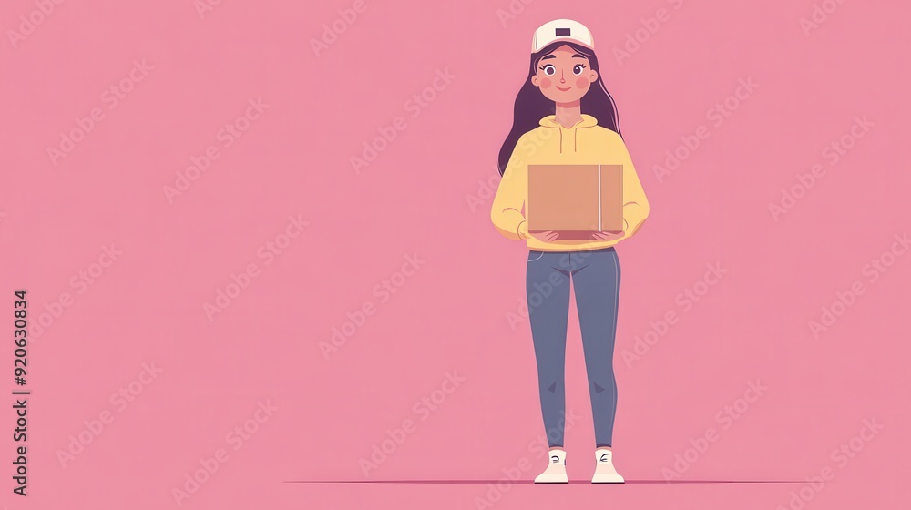 Young Woman Holding Box in Casual Clothes Against Pink Background Young Woman Holding Box in Casual Clothes Against Pink Background