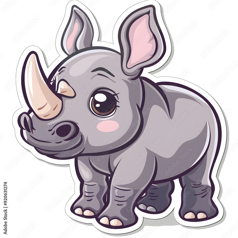 Fototapeta premium Cute Rhino Sticker on White Background, Adorable and Playful Design of a Smiling Rhinoceros with Soft Colors, Perfect for Animal-Themed Decoration and Wildlife Lovers