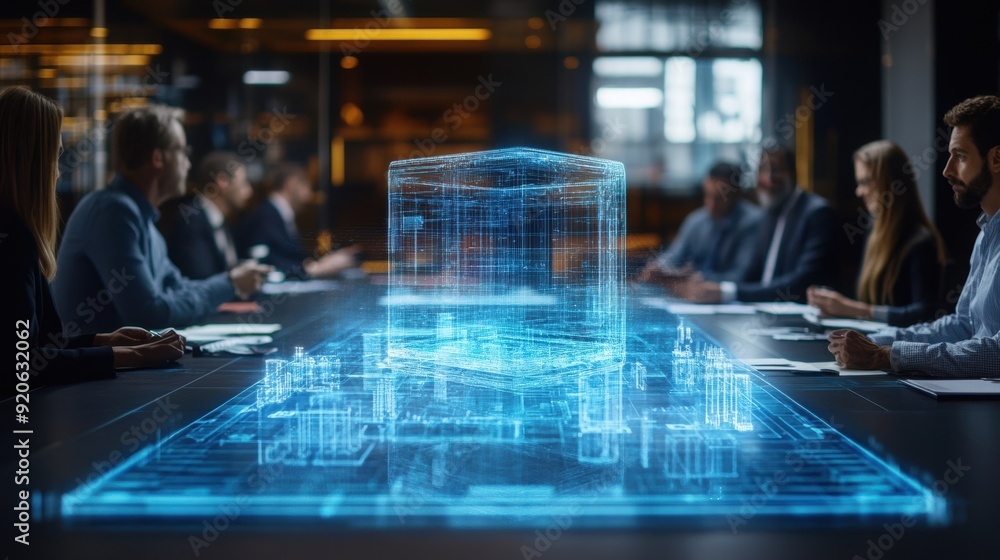 Group of professionals in a modern conference room analyzing a futuristic holographic building model, symbolizing advanced architecture and urban planning. Group of professionals in a modern conference room analyzing a futuristic holographic building model, symbolizing advanced architecture and urban planning.