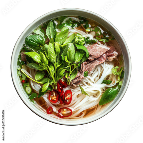 A vibrant bowl of pho filled with rice noodles, beef, herbs, and chili, showcasing the essence of Vietnamese cuisine. PNG, Transparent, No Background photo