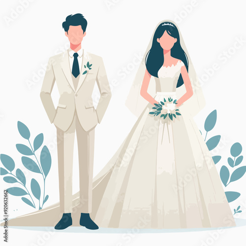 Marriage wedding couple set, cute newlywed bride and groom Flat illustration 