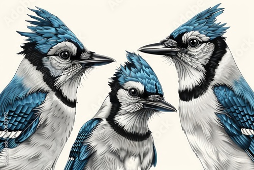 Vintage Engraving Style Illustration of Three Blue Jays - Ideal for Nature and Wildlife Print Design