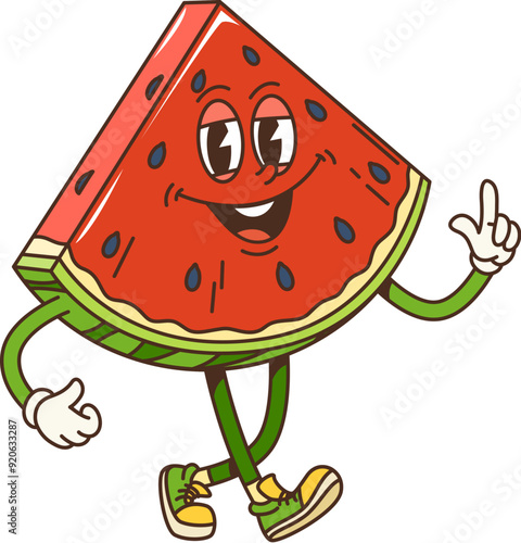 Retro cartoon groovy watermelon fruit slice character with happy face, vector funky comic. Groovy watermelon slice walking with funny smile on summer vacations and relax, kids groovy fruit character