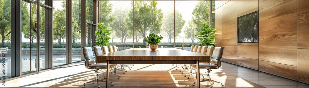Modern Conference Room with Large Windows and Greenery, Bright and Spacious Office Interior Modern Conference Room with Large Windows and Greenery, Bright and Spacious Office Interior