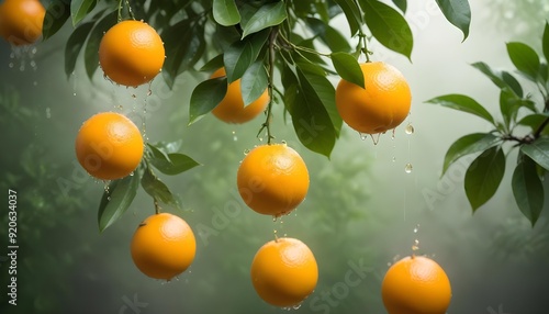 Oranges hanging on a tree in splashes of water. Oranges background. Fruit background